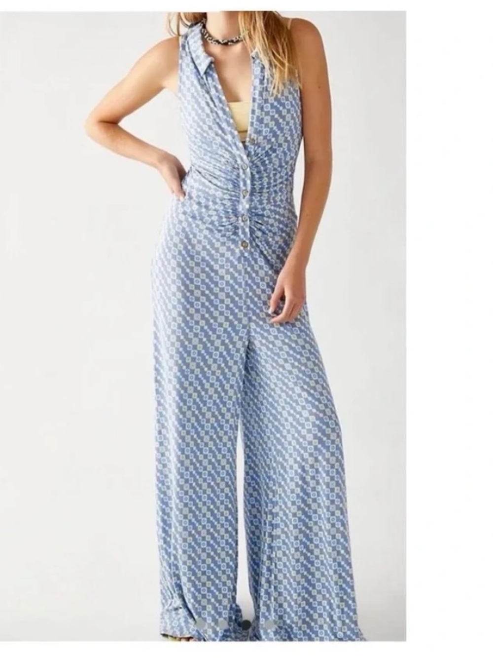 Free People Light Blue Printed Wide-Leg Jumpsuit